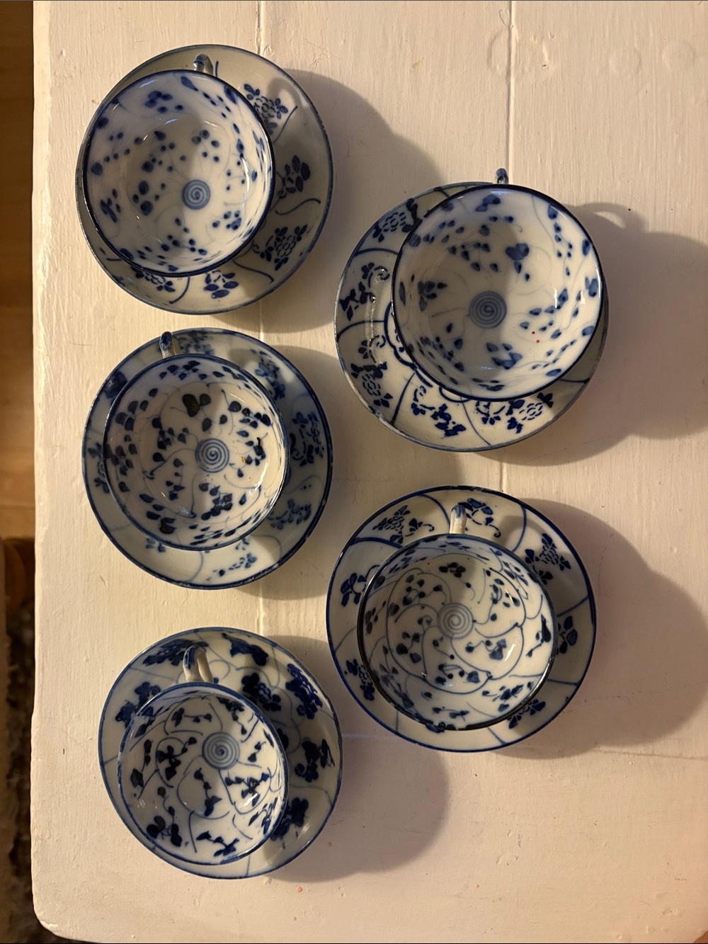 Blue and White Porcelain Wall Art - Set of 5 Decorative Cups and Saucers
